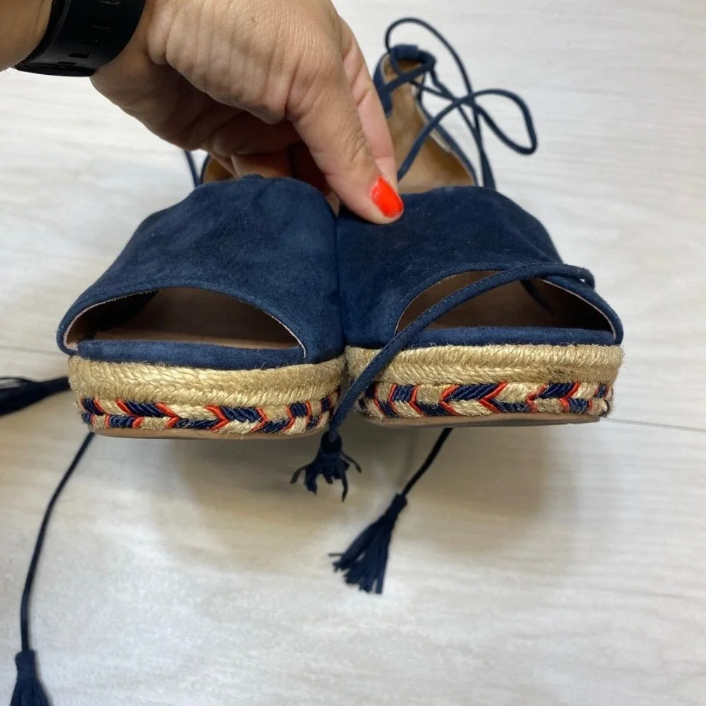 Cabi Navy Blue Suede Espadrille Wedge Sandals Lace Up Tassel‎ Embroidered 8M